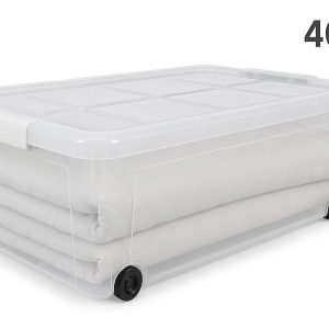 11 Hard Shell Plastic Underbed Storage Box with Lid 40L Large Capacity Rolling Flat Bin with Wheels for Bedding Organization Clear Design