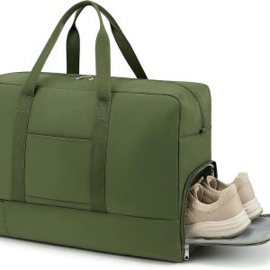 23 Foldable Travel Duffel Bag with Shoe Compartment Large Waterproof Weekend Carry On Bag with Trolley Sleeve for Gym Sport Luggage Green