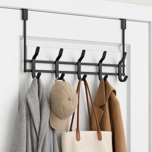 27 Over the Door Hook Organizer with 5 Hooks Heavy Duty Metal Hanging Rack for Coats Hats Bags and Robes Space Saving Door Hanger