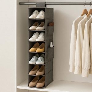 4 Hanging Shoe Organizer for Wardrobe Closet 10 Tier Narrow Storage Shelves for 10 Pairs of Shoes Space Saving Fabric Rack with Side Pockets