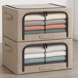 5 Foldable Wardrobe Clothes Organizer with Steel Frame Set of 2 Fabric Storage Boxes with Clear Window and Handles for Stackable Closet