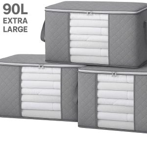 1 90L Extra Large Wardrobe Storage Bags Set of 3 Foldable Clothes Organizer with Reinforced Handles and Clear Window for Blankets Bedding