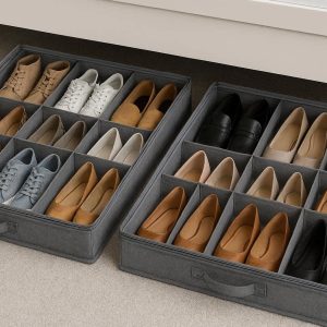 12 Underbed Shoe Storage Organizer with Clear Cover Set of 2 Fabric Dividers for 24 Pairs of Shoes Space Saving Under Bed Closet Gray