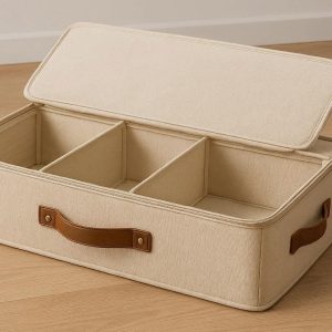 13 Breathable Canvas Underbed Storage Chest with Removable Dividers Large Soft Storage Box for Clothes Bedding and Toys with Leather Handles