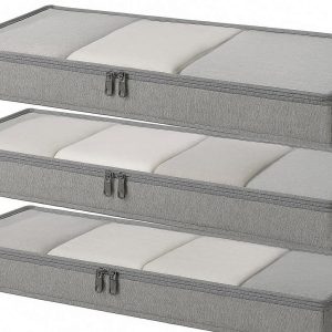 16 Slim Underbed Storage Box with 2 Way Zippers Low Profile Fabric Clothes Organizer with Clear Top for Small Spaces and Low Beds Set of 3