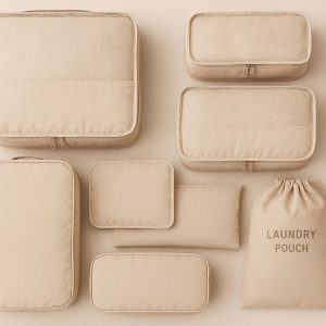17 8 Set Luggage Packing Cubes with Shoe Bag and Laundry Pouch Lightweight Travel Organizer Bags for Suitcases Compression Mesh Cubes Beige
