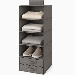 Hanging Wardrobe Organizer with 5 Shelves and Drawers Collapsible Canvas Closet Storage System for Clothes Sweaters Shoes Space Saving Gray