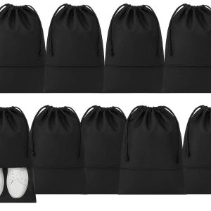 Shoe Bags for Travel Set of 10 Dust Proof Nylon Storage Pouches with Drawstring for Packing Shoes in Suitcases and Gym Organization Black