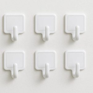 Small Adhesive Key Hooks for Wall Decorative Mini Plastic Hangers for Entryway Door Office and Dorm Room Organization Set of 6 White