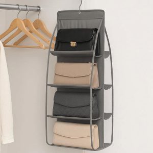 6 Hanging Handbag Organizer for Wardrobe Closet 6 Pocket Clear Plastic Purse Holder for Handbags and Clutches Dust Proof Storage Gray